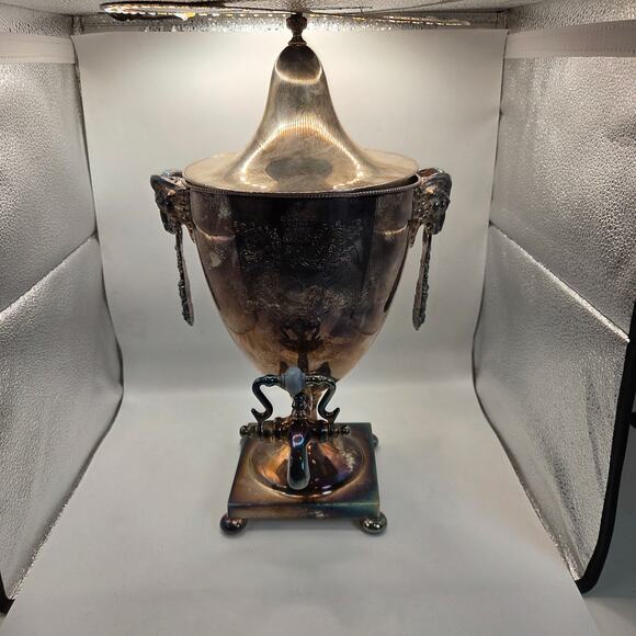 Early 20thC Silverplate Ram Head Beverage Urn Samovar w Lid & Working Spigot - Picture 1 of 16